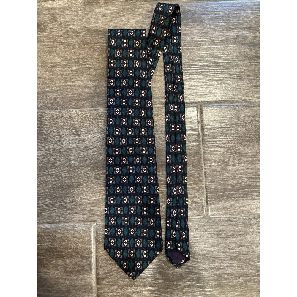 Geoffrey Beene‎ Men's 100% Silk Tie Geometric Chocolate Brown Hunter Green Navy
